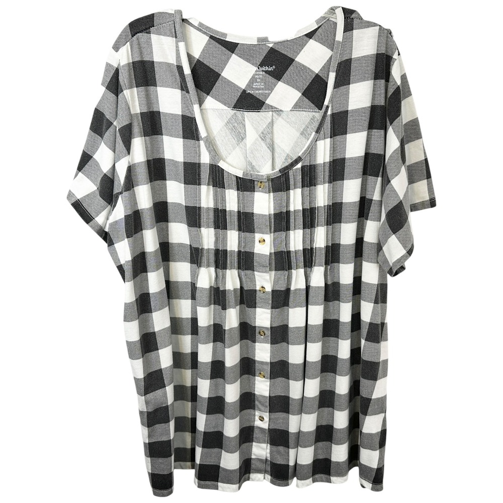 Woman Within Plus Size 30/32 Top 3X Black White Buffalo Plaid‎ Short Sleeve 1115